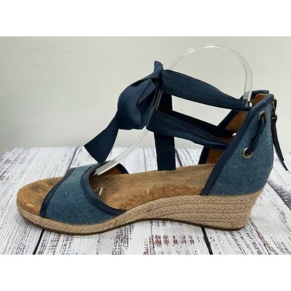 UGG Womens Amell Wedge Heel Sandals Denim Lace Up Open Toe Navy Blue Size 7.5 - Picture 3 of 12